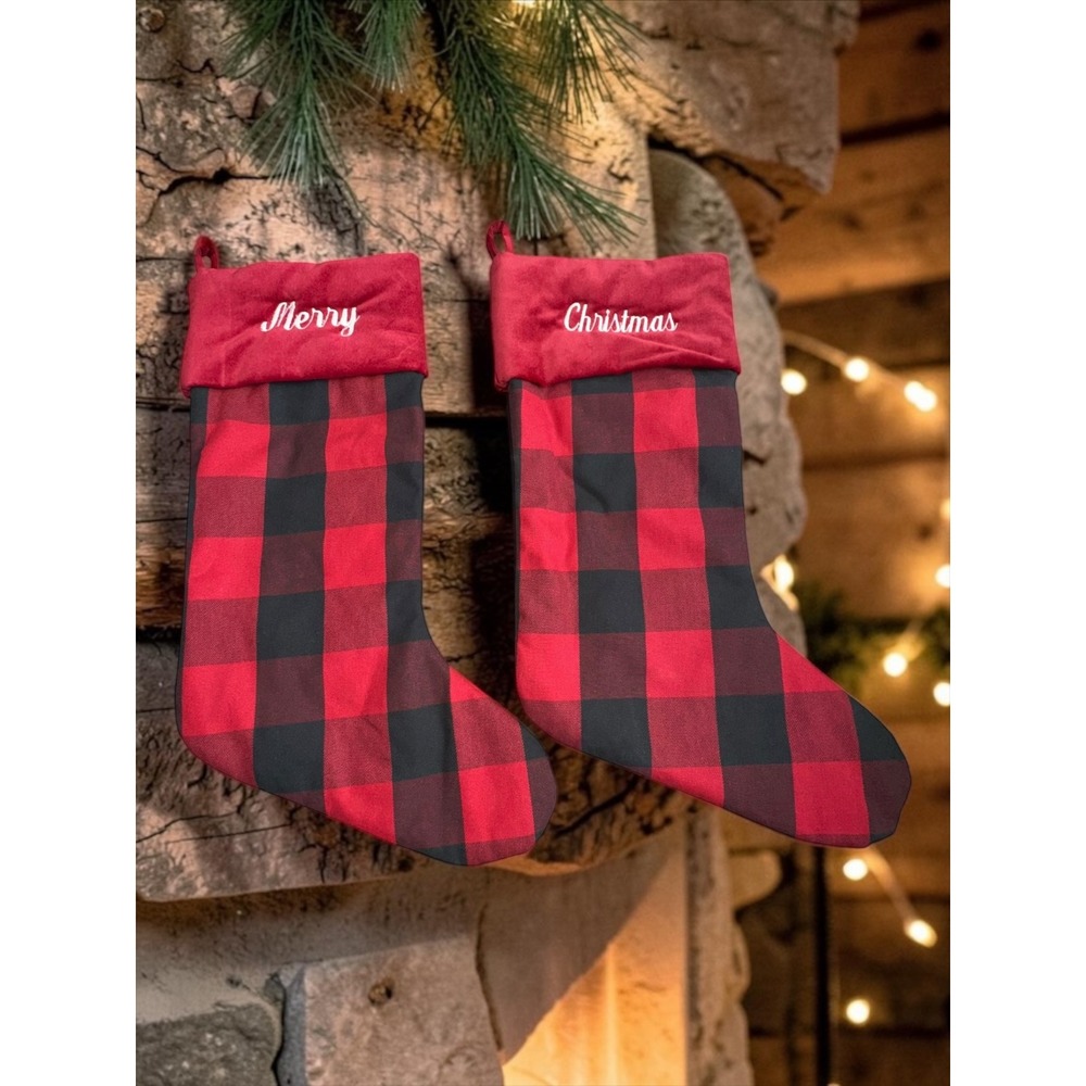 Pottery Barn Christmas Stockings Set 2 Red Black Buffalo Plaid Merry Christmas
